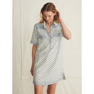 Faherty Rae Linen Blend White & Blue Print Shirt Dress Women's Sz M